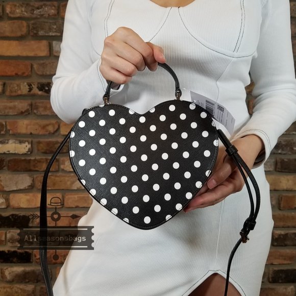 Authentic Kate Spade Heart LOVE SHACK POLKA dot crossbody BLACK WHITE NEW - Picture 13 of 13